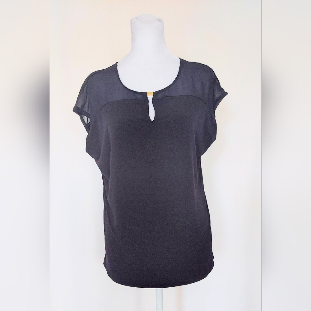 Ellen Tracy Gold Emblem Sheer Sleeve Top Black Size Small